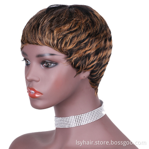 Non Lace Mix Blonde Brown Ombre Color  Short Human Hair Wigs, Pixie Cut Aliexpress Short Non Lace Machine Made Hair Wigs